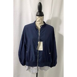 Zara Navy Blue Bomber Jacket with Striped Shirttail Hem